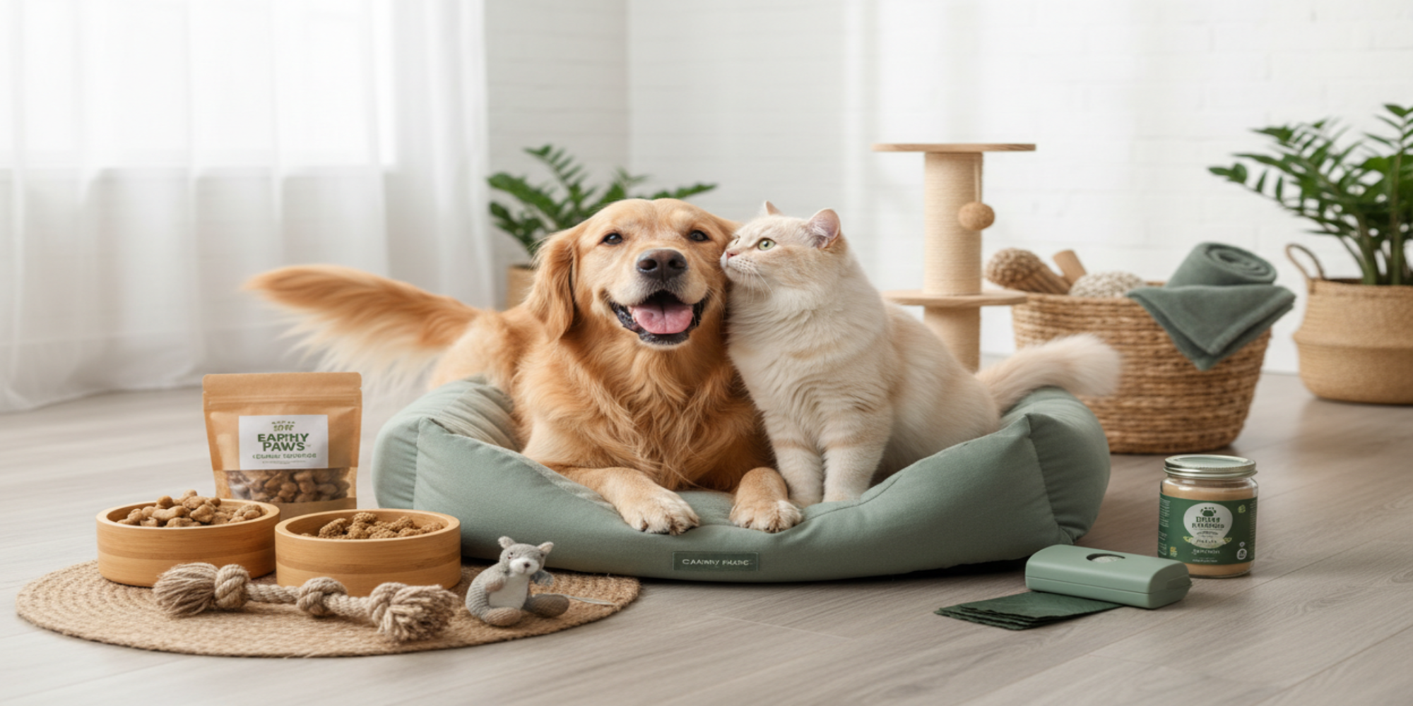 je veux une image avec un chien et un chat epanoui et joyeux ainsi que plusieurs produits eco responsable tout autour d'eux avec des couleurs douces et sobre
